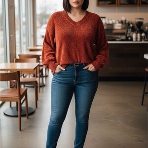 Pink Rose V-Neck Sweater - Warm Rust